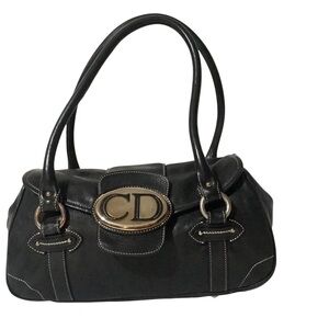 Authentic Christian Dior Black Leather Shoulder Bag with Silver Accents